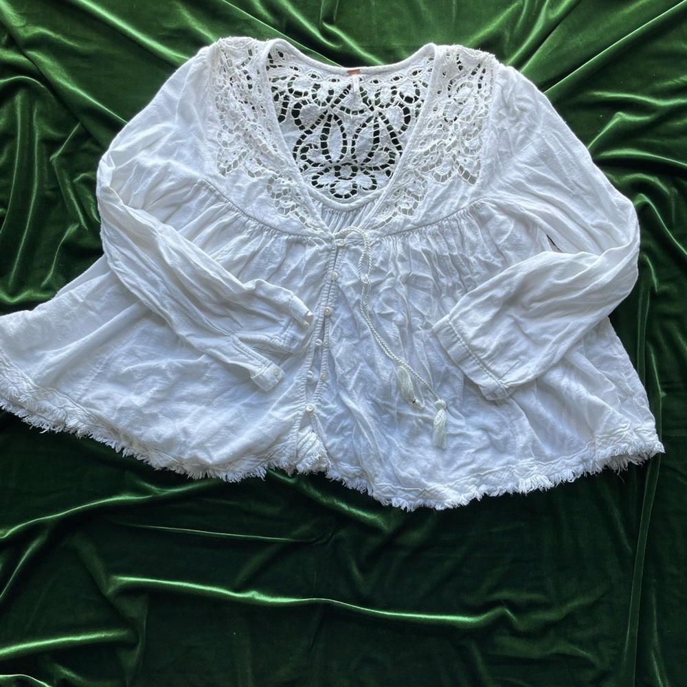 Free People White Ruffled Blouse with Bishop Sleeves